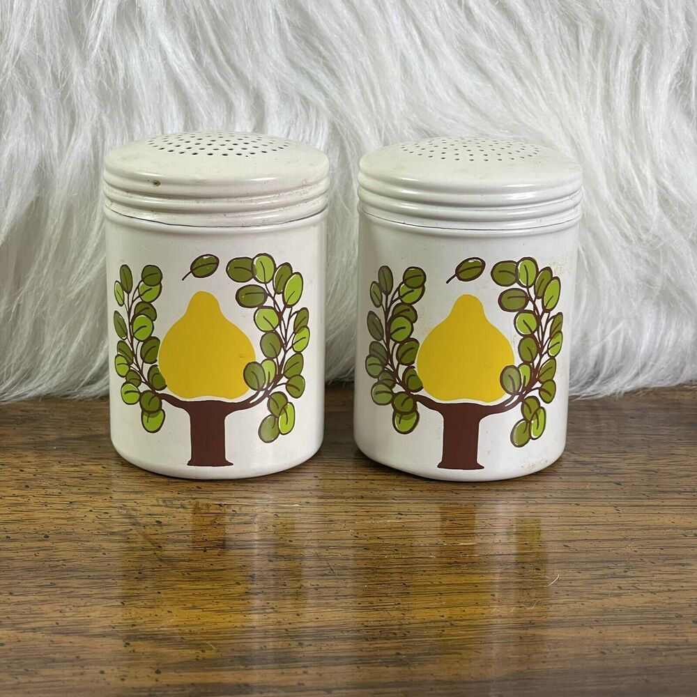 Ransburg Fruit Tree Metal Power Salt &‎ Pepper Shaker Rare Retro Farmhouse READ